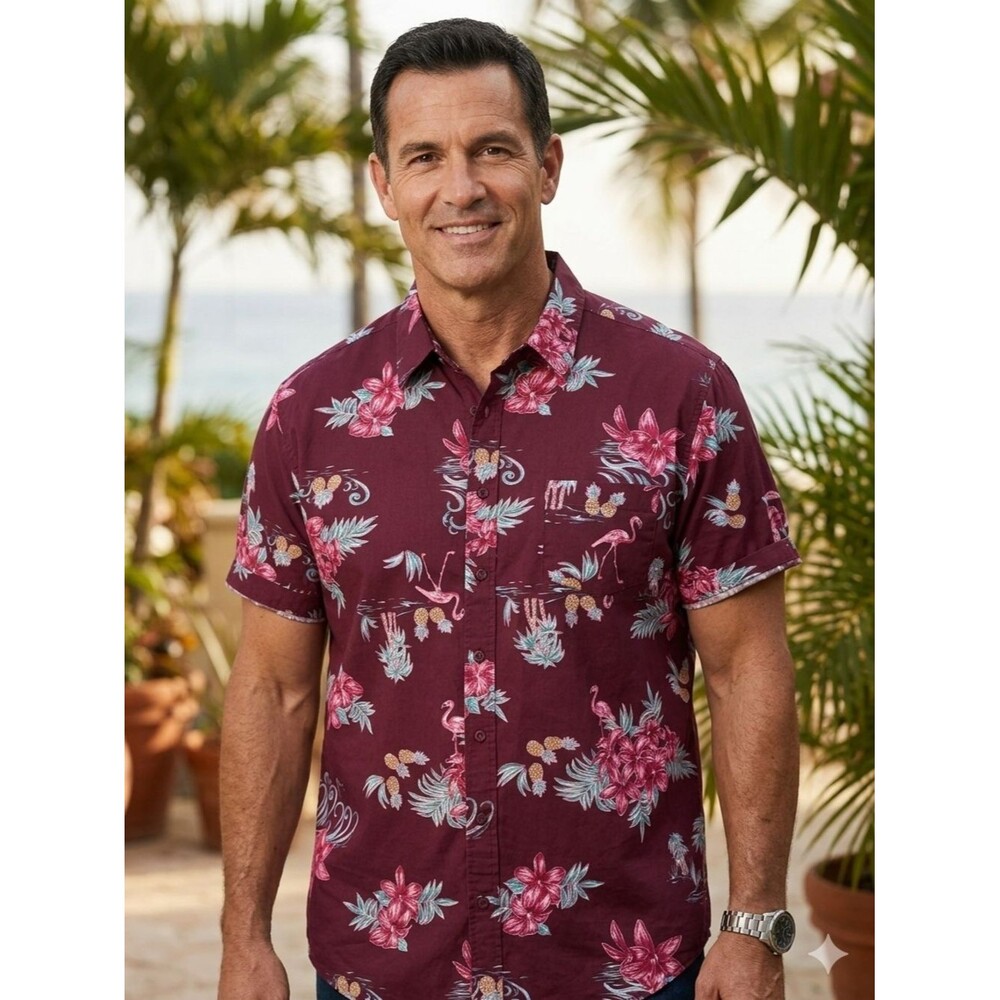 Haggar 2XLT Flamingo Pineapple Hawaiian Shirt Maroon Big & Tall